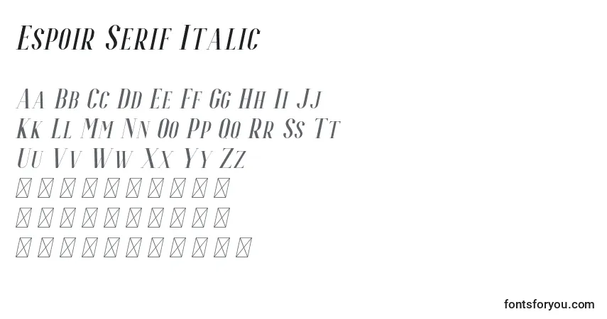 Schriftart Espoir Serif Italic – Alphabet, Zahlen, spezielle Symbole