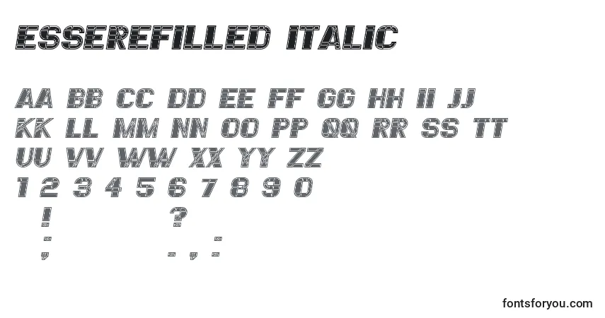 A fonte EssereFilled Italic – alfabeto, números, caracteres especiais