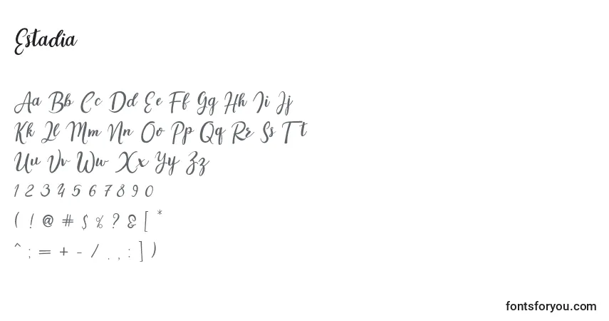 Fuente Estadia - alfabeto, números, caracteres especiales