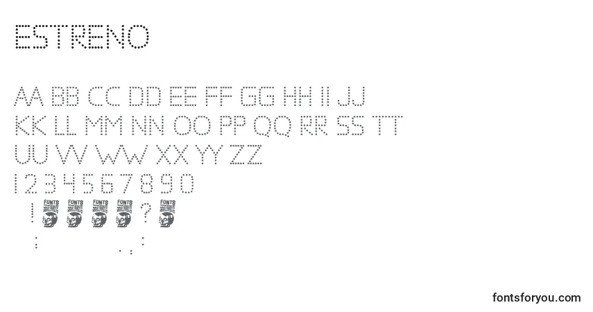 Czcionka Estreno – alfabet, cyfry, specjalne znaki