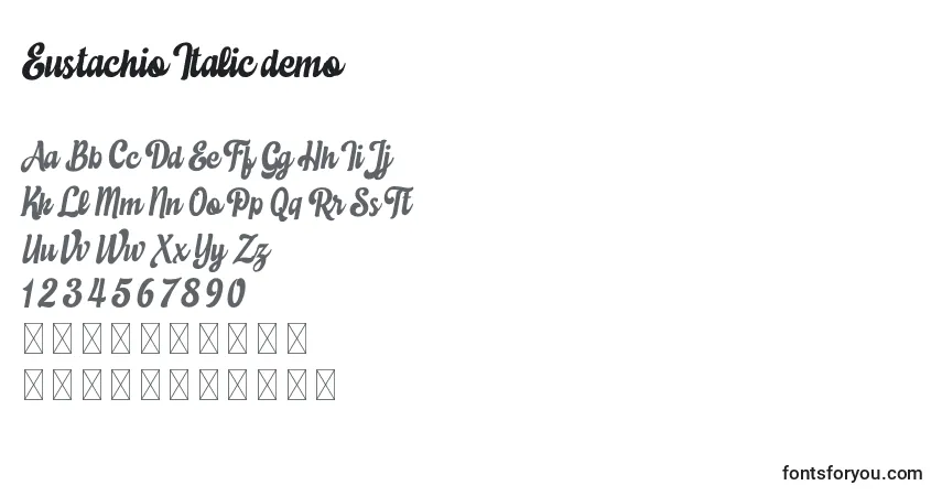 Czcionka Eustachio Italic demo – alfabet, cyfry, specjalne znaki