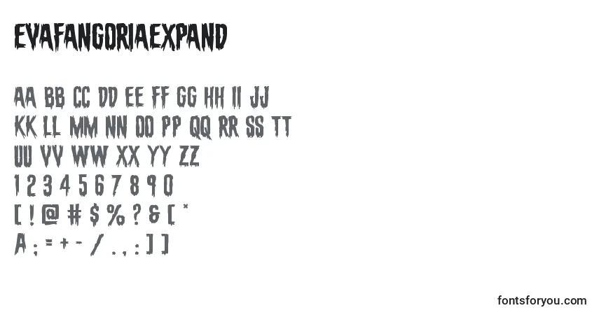 Czcionka Evafangoriaexpand – alfabet, cyfry, specjalne znaki