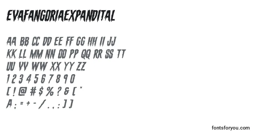 A fonte Evafangoriaexpandital – alfabeto, números, caracteres especiais