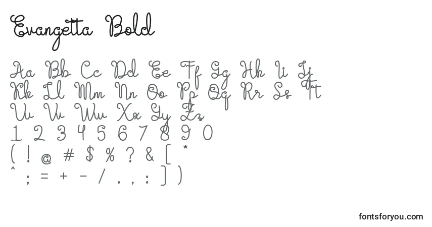 Schriftart Evangetta Bold – Alphabet, Zahlen, spezielle Symbole
