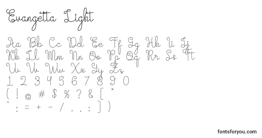Шрифт Evangetta Light – алфавит, цифры, специальные символы