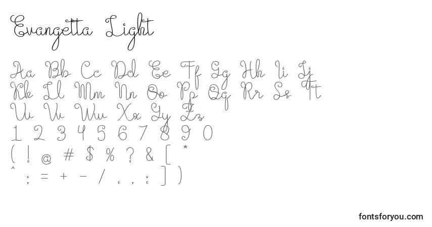 Schriftart Evangetta Light (126174) – Alphabet, Zahlen, spezielle Symbole