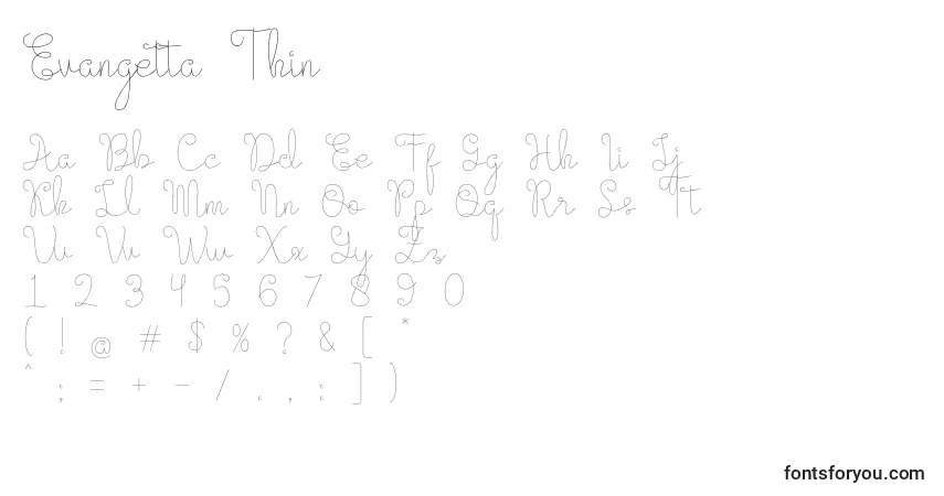 A fonte Evangetta Thin – alfabeto, números, caracteres especiais