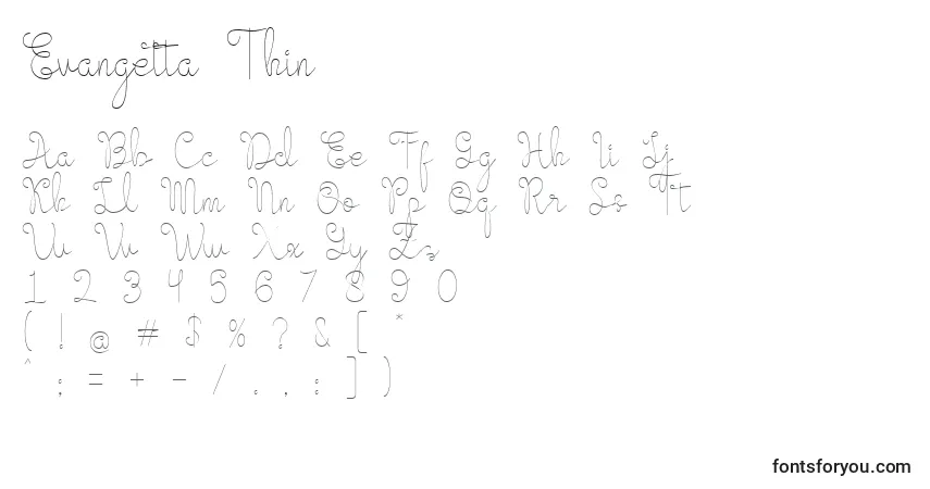 A fonte Evangetta Thin (126178) – alfabeto, números, caracteres especiais