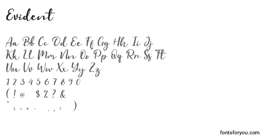 A fonte Evident (126213) – alfabeto, números, caracteres especiais