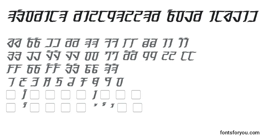 A fonte Exodite Distressed Bold Italic – alfabeto, números, caracteres especiais
