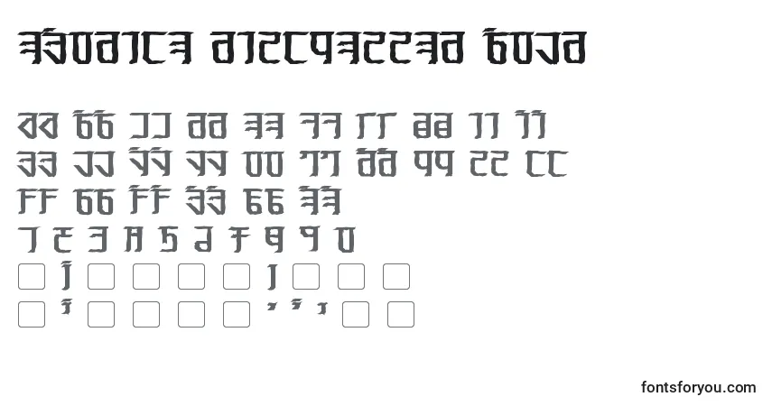 Schriftart Exodite Distressed Bold – Alphabet, Zahlen, spezielle Symbole