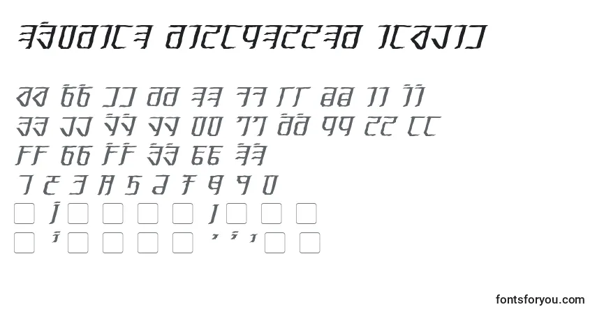 Schriftart Exodite Distressed Italic – Alphabet, Zahlen, spezielle Symbole
