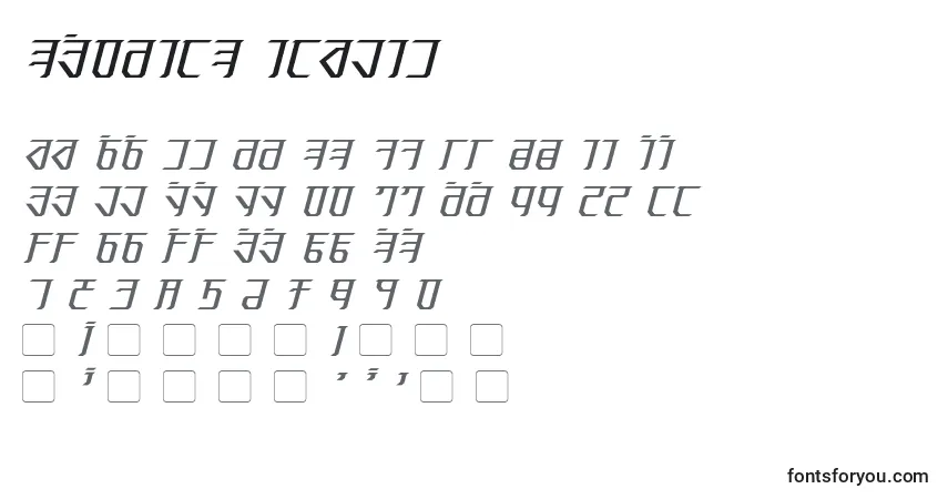 Schriftart Exodite Italic – Alphabet, Zahlen, spezielle Symbole