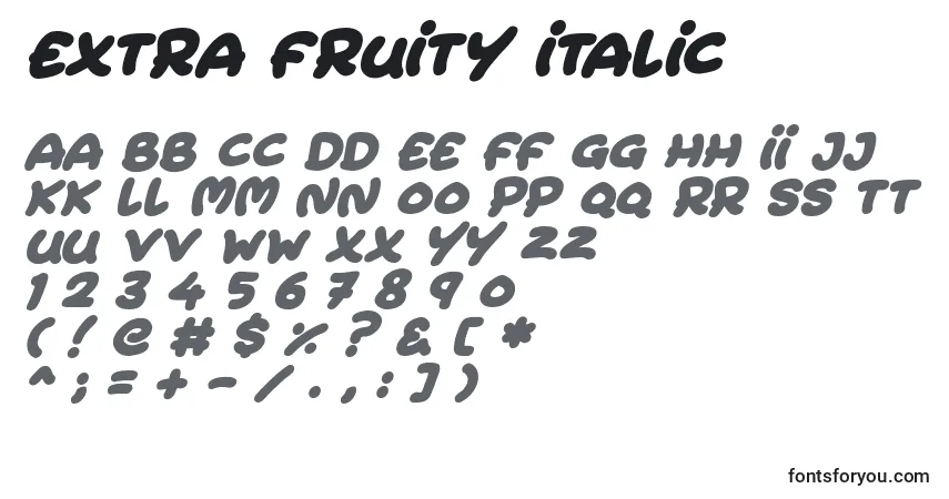 Schriftart Extra Fruity Italic – Alphabet, Zahlen, spezielle Symbole
