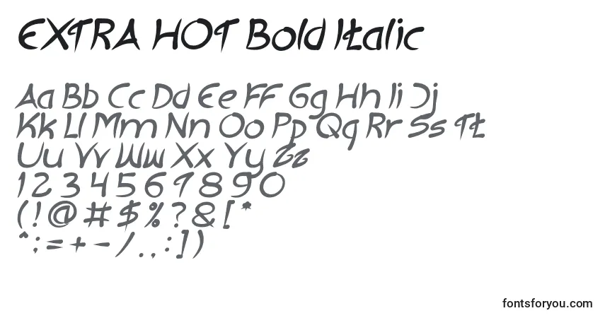 Schriftart EXTRA HOT Bold Italic – Alphabet, Zahlen, spezielle Symbole
