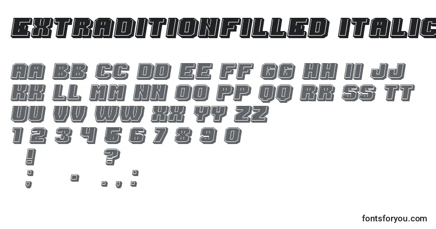 Шрифт ExtraditionFilled Italic – алфавит, цифры, специальные символы