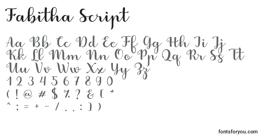 Czcionka Fabitha Script – alfabet, cyfry, specjalne znaki