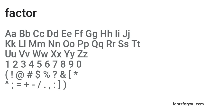 Schriftart Factor (126303) – Alphabet, Zahlen, spezielle Symbole