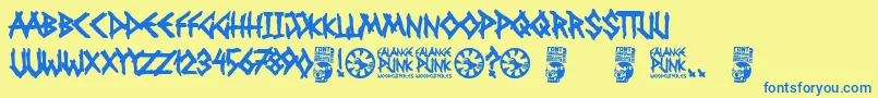 フォントFalange Punk – 青い文字が黄色の背景にあります。