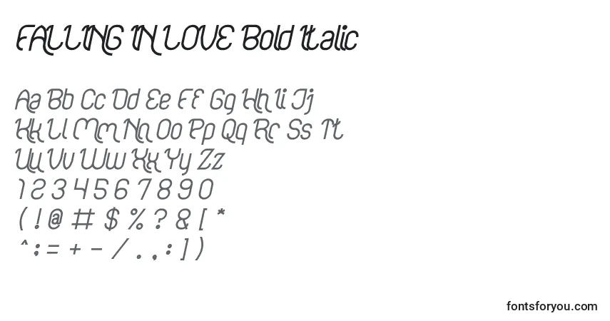 Schriftart FALLING IN LOVE Bold Italic – Alphabet, Zahlen, spezielle Symbole
