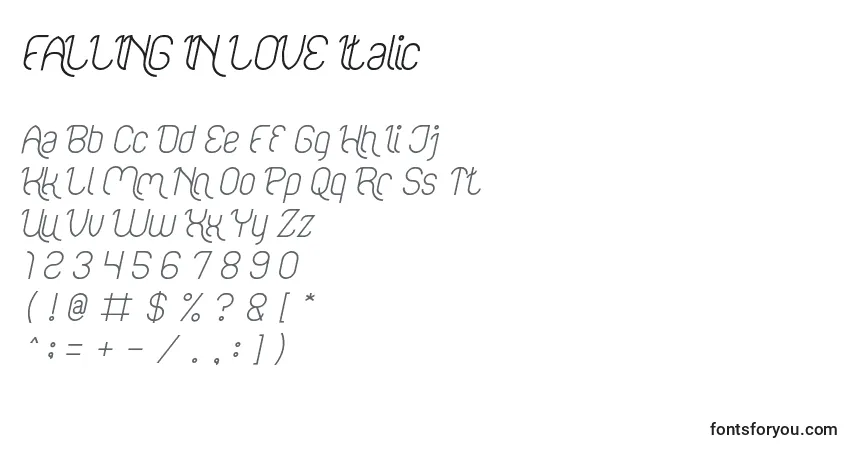 Шрифт FALLING IN LOVE Italic – алфавит, цифры, специальные символы