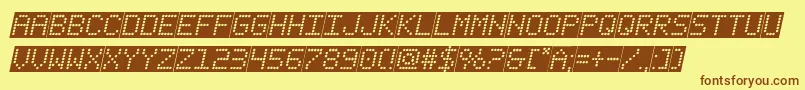 フォントfanfaretickerbackgroundital – 茶色の文字が黄色の背景にあります。