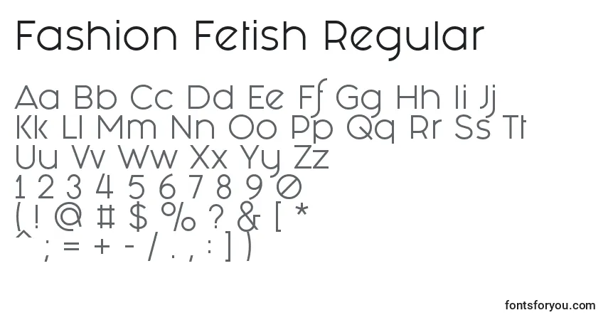 Schriftart Fashion Fetish Regular – Alphabet, Zahlen, spezielle Symbole