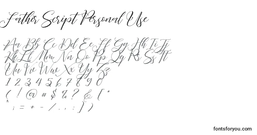 Czcionka Fathir Script Personal Use – alfabet, cyfry, specjalne znaki