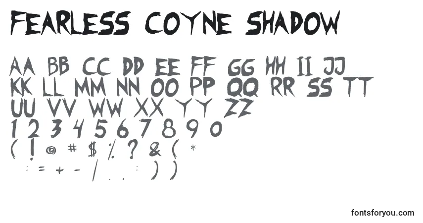 Czcionka Fearless Coyne Shadow – alfabet, cyfry, specjalne znaki