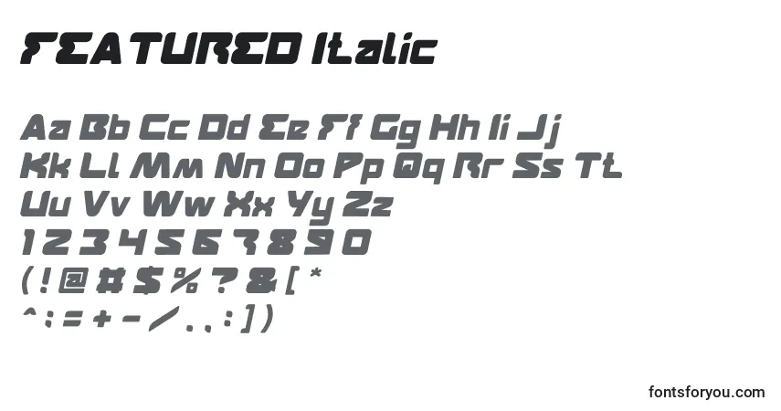 A fonte FEATURED Italic – alfabeto, números, caracteres especiais