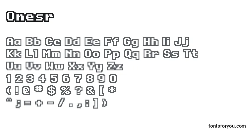 Czcionka Onesr – alfabet, cyfry, specjalne znaki