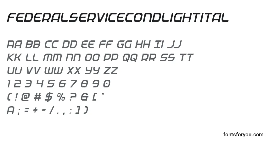 Czcionka Federalservicecondlightital – alfabet, cyfry, specjalne znaki