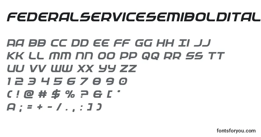 A fonte Federalservicesemiboldital – alfabeto, números, caracteres especiais