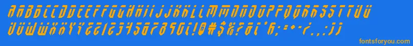 フォントfedyraltitleital – オレンジ色の文字が青い背景にあります。