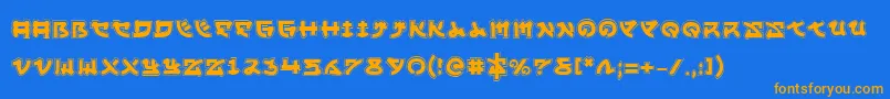 フォントYamamotoa – オレンジ色の文字が青い背景にあります。