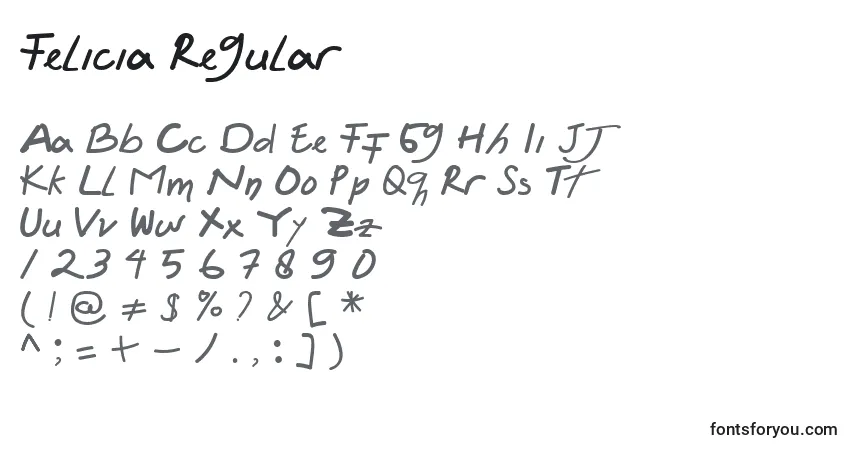 Schriftart Felicia Regular (126569) – Alphabet, Zahlen, spezielle Symbole
