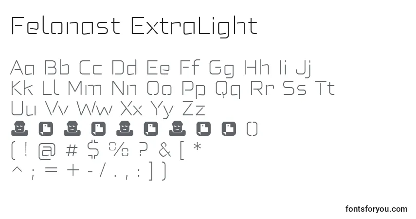 Schriftart Felonast ExtraLight – Alphabet, Zahlen, spezielle Symbole