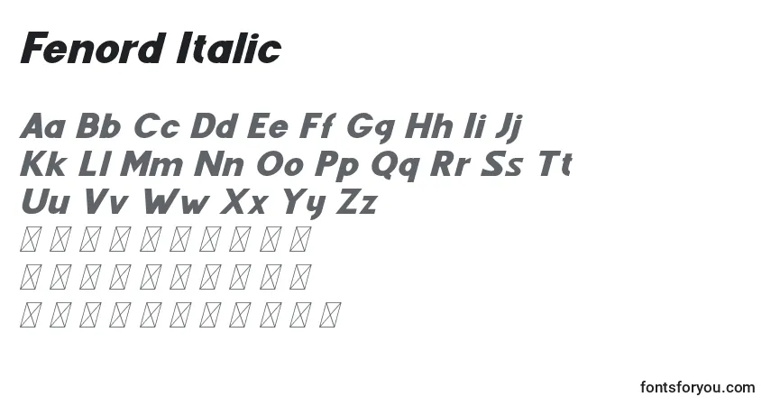 Schriftart Fenord Italic – Alphabet, Zahlen, spezielle Symbole