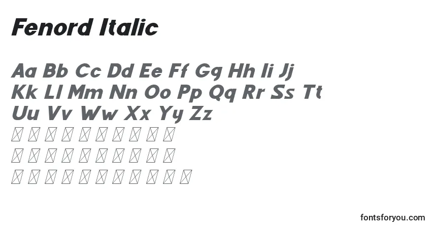 Шрифт Fenord Italic (126583) – алфавит, цифры, специальные символы