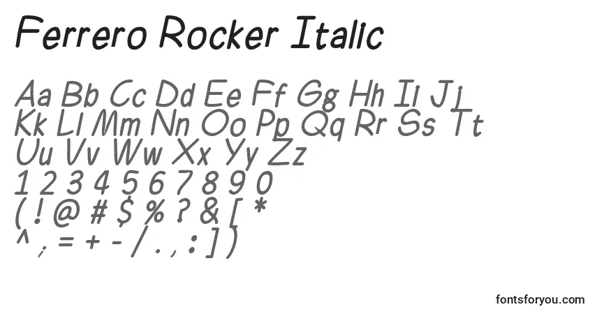 Czcionka Ferrero Rocker Italic – alfabet, cyfry, specjalne znaki