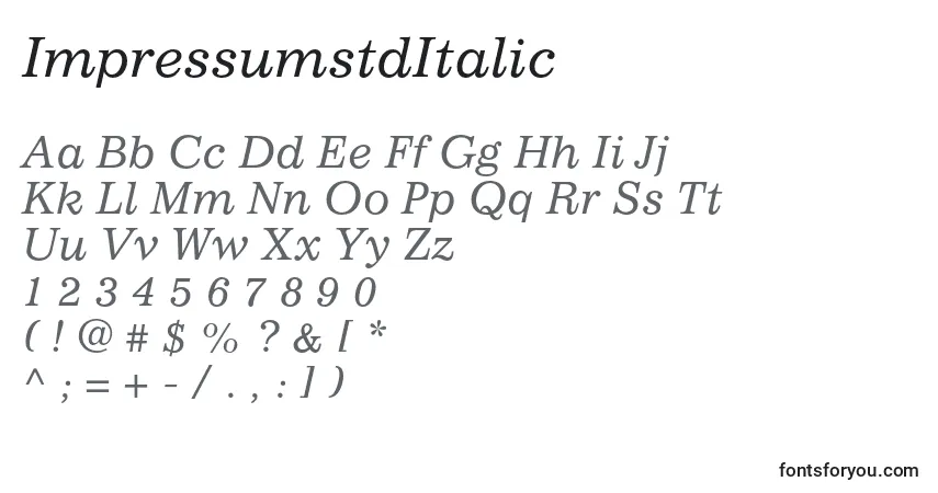 A fonte ImpressumstdItalic – alfabeto, números, caracteres especiais
