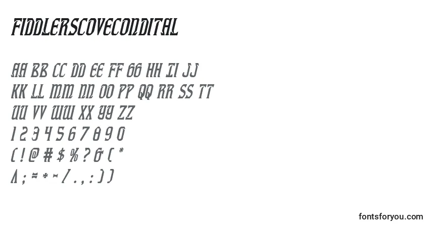 Schriftart Fiddlerscovecondital (126630) – Alphabet, Zahlen, spezielle Symbole