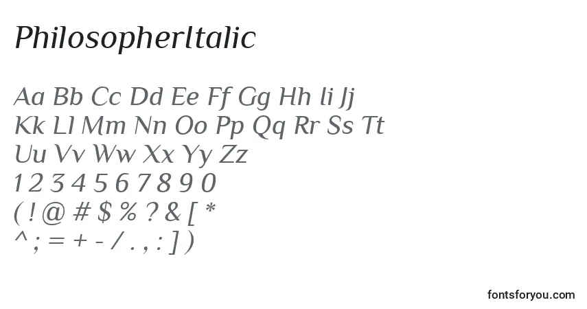 Шрифт PhilosopherItalic – алфавит, цифры, специальные символы