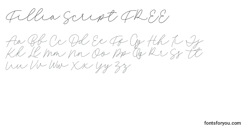 Czcionka Fillia Script FREE – alfabet, cyfry, specjalne znaki