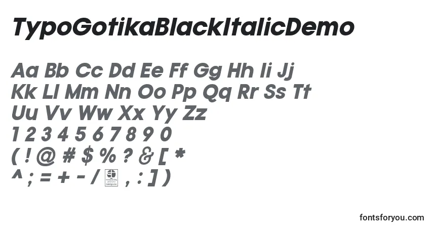 Шрифт TypoGotikaBlackItalicDemo – алфавит, цифры, специальные символы