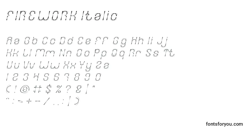 Czcionka FIREWORK Italic – alfabet, cyfry, specjalne znaki