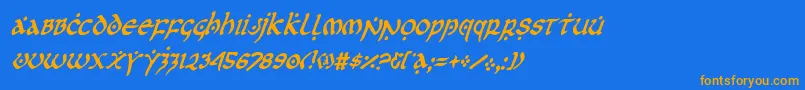 フォントfirstordercondital – オレンジ色の文字が青い背景にあります。