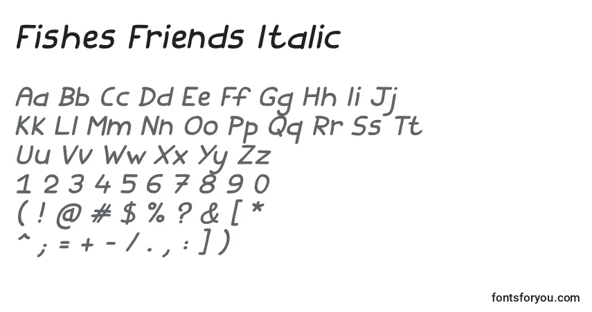 Schriftart Fishes Friends Italic – Alphabet, Zahlen, spezielle Symbole