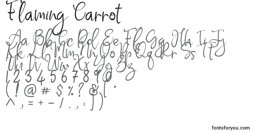 Schriftart Flaming Carrot – Alphabet, Zahlen, spezielle Symbole