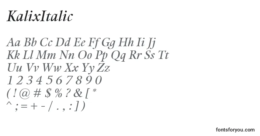 A fonte KalixItalic – alfabeto, números, caracteres especiais